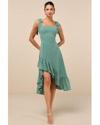 Lulus - Tamryn Dark Sage Asymmetrical Ruffled Midi Dress - Lyst