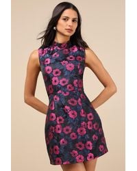 Lulus - Purposed Poise Floral Jacquard Lace-Up Mini Dress - Lyst