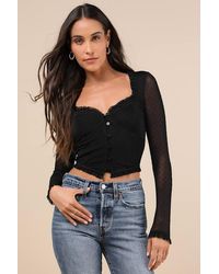 Lulus - Sultry Approach Mesh Swiss Dot Bustier Long Sleeve Top - Lyst