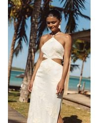 Lulus - Larissa Cream Embroidered Halter Crochet Midi Dress - Lyst