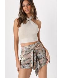 Lulus - Trendy Tales Scarf Print Satin Tie-Front Skort - Lyst