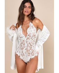 Lulus - Unforgettable Romance Sheer Lace Halter Bodysuit - Lyst