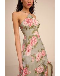 Lulus - Romantic Marvel Sage Floral Print Halter Neck Maxi Dress - Lyst