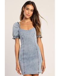 Lulus - Sweet Looking Light Wash Denim Puff Sleeve Mini Dress - Lyst