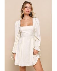 Lulus - Elegant Adoration Cream Floral Jacquard Long Sleeve Mini Dress - Lyst