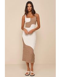 Lulus - Instantly Adored Taupe And Cream Color Block Textured Midi Dress - Lyst