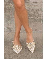 Lulus - Flora Satin Pearl Embroidered Pointed-Toe Flats - Lyst