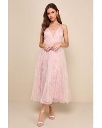 Lulus - Blissfully Lovely Blush Floral Mesh Pleated Midi Dress - Lyst