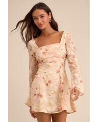 Lulus - Rieti Cream Floral Burnout Long Sleeve Mini Dress - Lyst