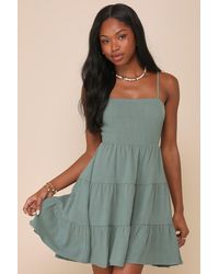 Lulus Sleek Dedication Satin Plisse Cutout Tiered Mini Dress in Green | Lyst