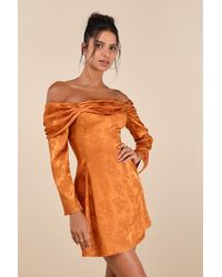 Lulus - Truly Yours Copper Satin Jacquard Off-The-Shoulder Mini Dress - Lyst