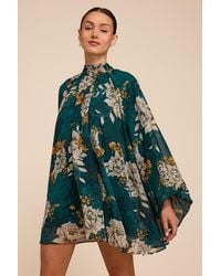 Lulus - Lata Emerald Floral Mock Neck Belted Mini Dress - Lyst