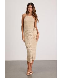 Lulus - Blissful Strolls Crochet Faux-Wrap Halter Midi Dress - Lyst