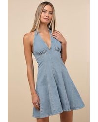 Steve Madden - Malia Light Wash Halter Skater Mini Dress - Lyst