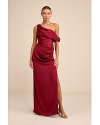 Lulus - Aviana Satin Asymmetrical Maxi Dress - Lyst