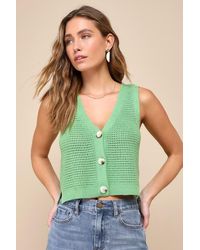 Lulus - Aesthetic Ease Pierced Knit Button-Front Cropped Tank Top - Lyst
