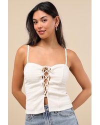 Lulus - Annelie Cream Textured Knit Lace-Up Tank Top - Lyst