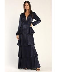 Lulus - Tier For Love Satin Long Sleeve Tiered Maxi Dress - Lyst