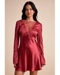 Lulus - Emberlyn Rusty Rose Satin Lace Long Sleeve Mini Dress - Lyst