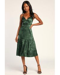 Lulus - Be Your Favorite Emerald Satin Jacquard Midi Dress - Lyst