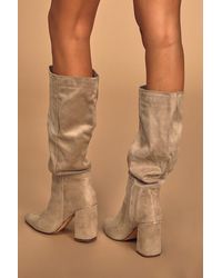 Lulus - Katari Taupe Suede Pointed-Toe Knee High Boots - Lyst
