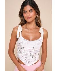 Lulus - Attractive Darling Cream Floral Tie-Strap Lace-Up Bustier Top - Lyst