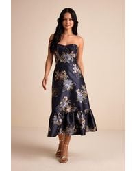 Lulus - Yashelle Floral Taffeta Strapless Tiered Corset Midi Dress - Lyst