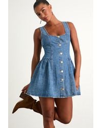 Lulus - Prinsley Medium Wash Denim Button-Front Mini Dress - Lyst