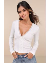 Lulus - Perfectly Cherished Knit Lace Long Sleeve Button-Front Top - Lyst