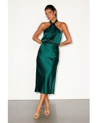 Lulus - Jacey Emerald Satin Halter Midi Dress - Lyst