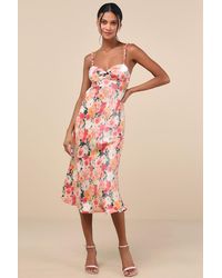 Lulus - Sensational Spirit Multi Floral Satin Tie-Back Midi Dress - Lyst