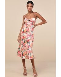 Lulus - Sensational Spirit Multi Floral Satin Tie-Back Midi Dress - Lyst