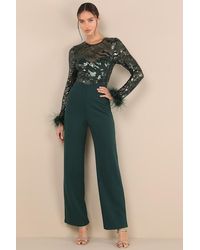 Lulus - Limitless Radiance Sequin Feather Long Sleeve Jumpsuit - Lyst