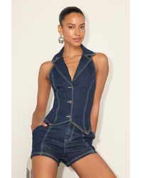 Lulus - Lyris Dark Wash Denim Button-Front Collared Halter Top - Lyst
