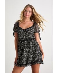 Lulus - Adoring Moment Floral Lace Ruffled Puff Sleeve Mini Dress - Lyst