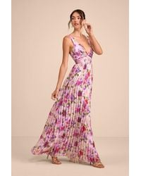 Lulus - Morgana Multi Floral Satin Pleated Maxi Dress - Lyst
