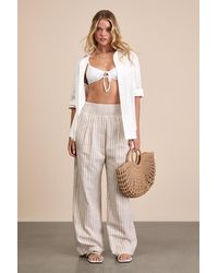 Lulus - Breezy Getaway Striped Linen Wide-Leg Pants - Lyst