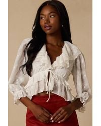 Lush - Ethel Embroidered Ruffled Tie-Front Top - Lyst