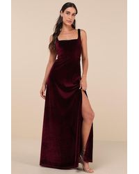 Lulus - Graceful Invite Dark Plum Velvet Square Neck Lace-Up Maxi Dress - Lyst
