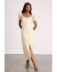 Lulus - Crissa Cream Lace Textured Puff Sleeve Midi Dress - Lyst