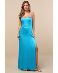 Lulus - Extraordinary Presence Aqua Satin Strapless Maxi Dress - Lyst
