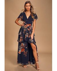 Lulus - Midnight Mood Floral Print Tiered Maxi Dress - Lyst