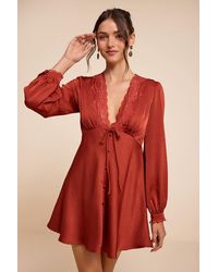 Lulus - Goldia Satin Long Sleeve Babydoll Mini Dress - Lyst