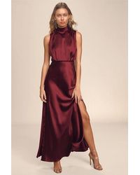Lulus - Classic Elegance Wine Satin Maxi Dress - Lyst