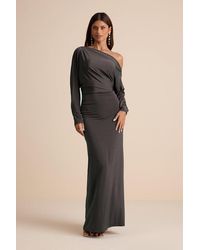 Lulus - Valani Charcoal Jersey Knit Asymmetrical Long Sleeve Maxi Dress - Lyst