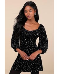 Lulus - Adored Perfection Floral Velvet Balloon Sleeve Mini Dress - Lyst