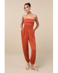 Lulus - Flawless Comfort Ruched Strapless Jogger Jumpsuit - Lyst