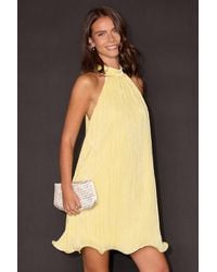 Lulus - Vaivah Satin Plisse Mock Neck Swing Mini Dress - Lyst