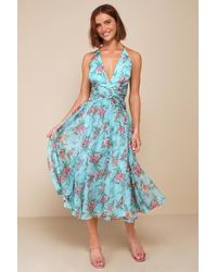 Lulus - Exceedingly Radiant Floral O-Ring Cutout Halter Midi Dress - Lyst