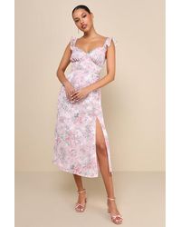 Lulus - Delightful Direction Blush Floral Ruffled Tie-Strap Midi Dress - Lyst